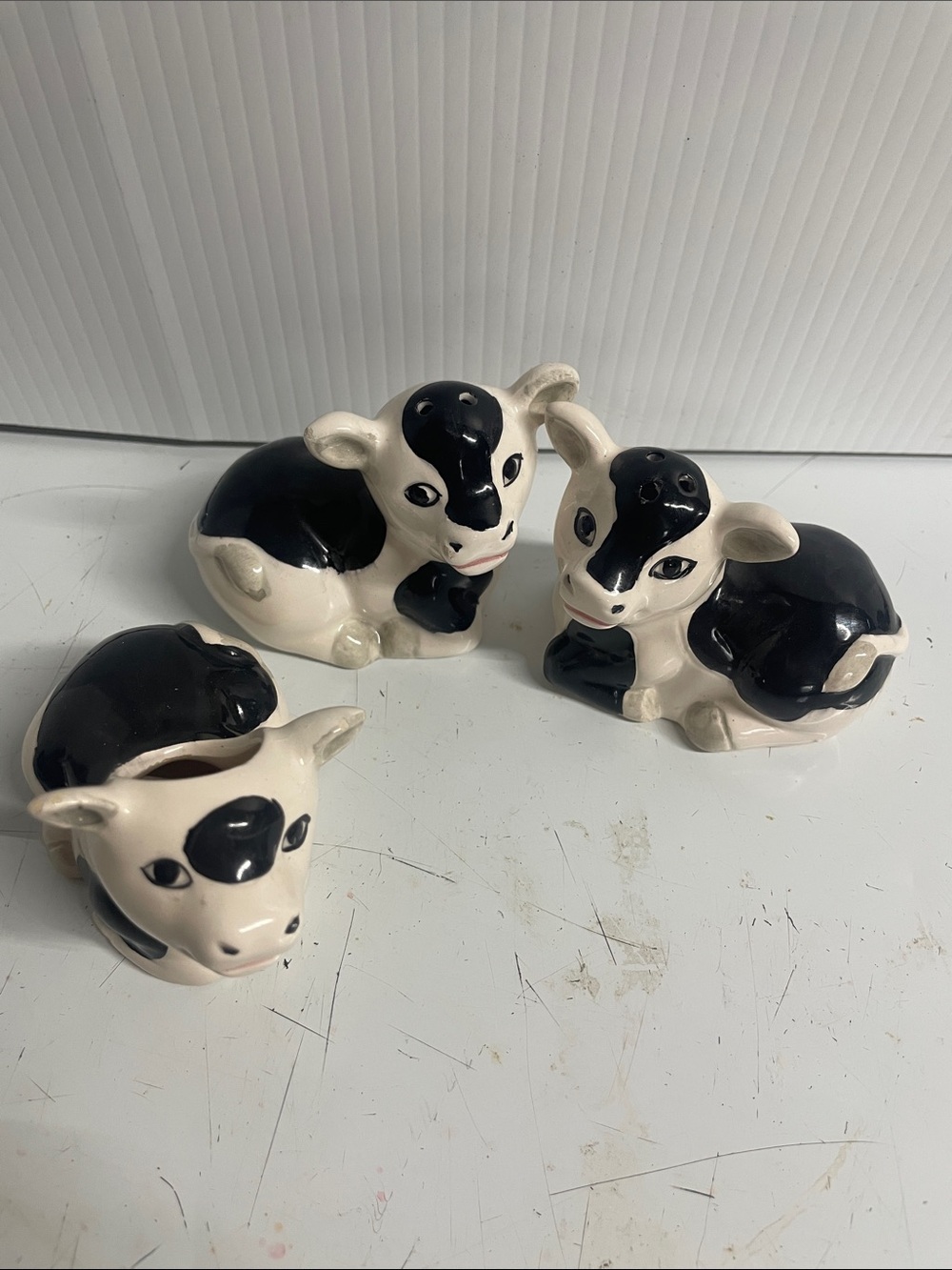 Set of 3 Cow salt and pepper shakers with matching toothpick holder